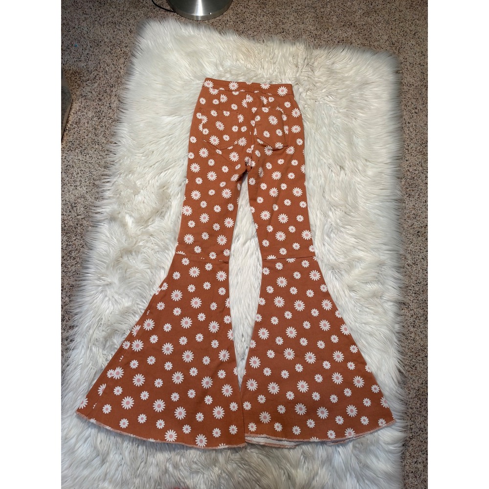 Altar'd State Women's Size XS Bell Bottom Flare Jeans Orange Rust Daisy Floral - Picture 6 of 12